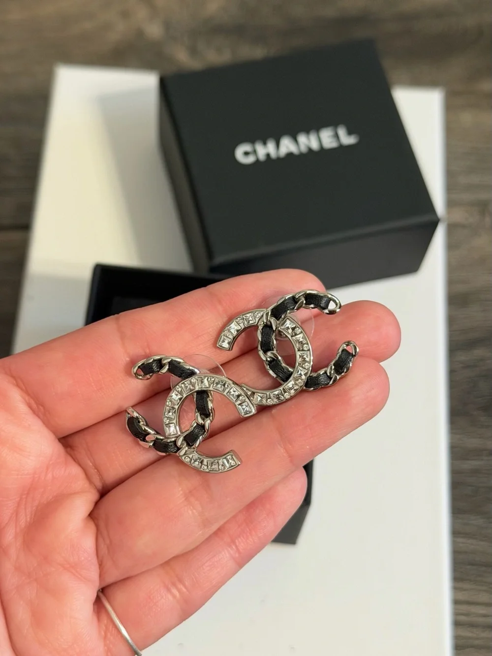 Chanel Silver Crystal CC Black Leather Statement Stud Earrings